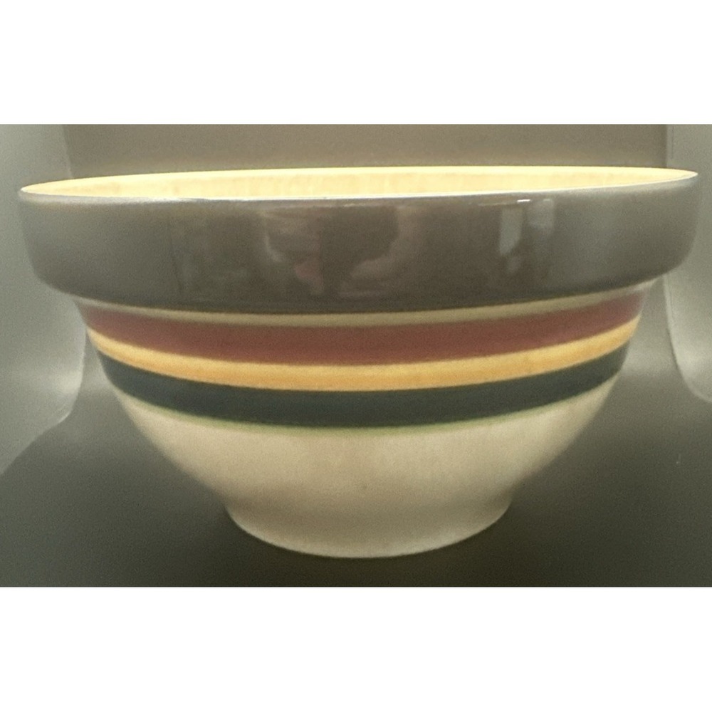 Vintage Large Stoneware Mixing Bowl Cream w/ Multiple Colored Stripes Unbranded